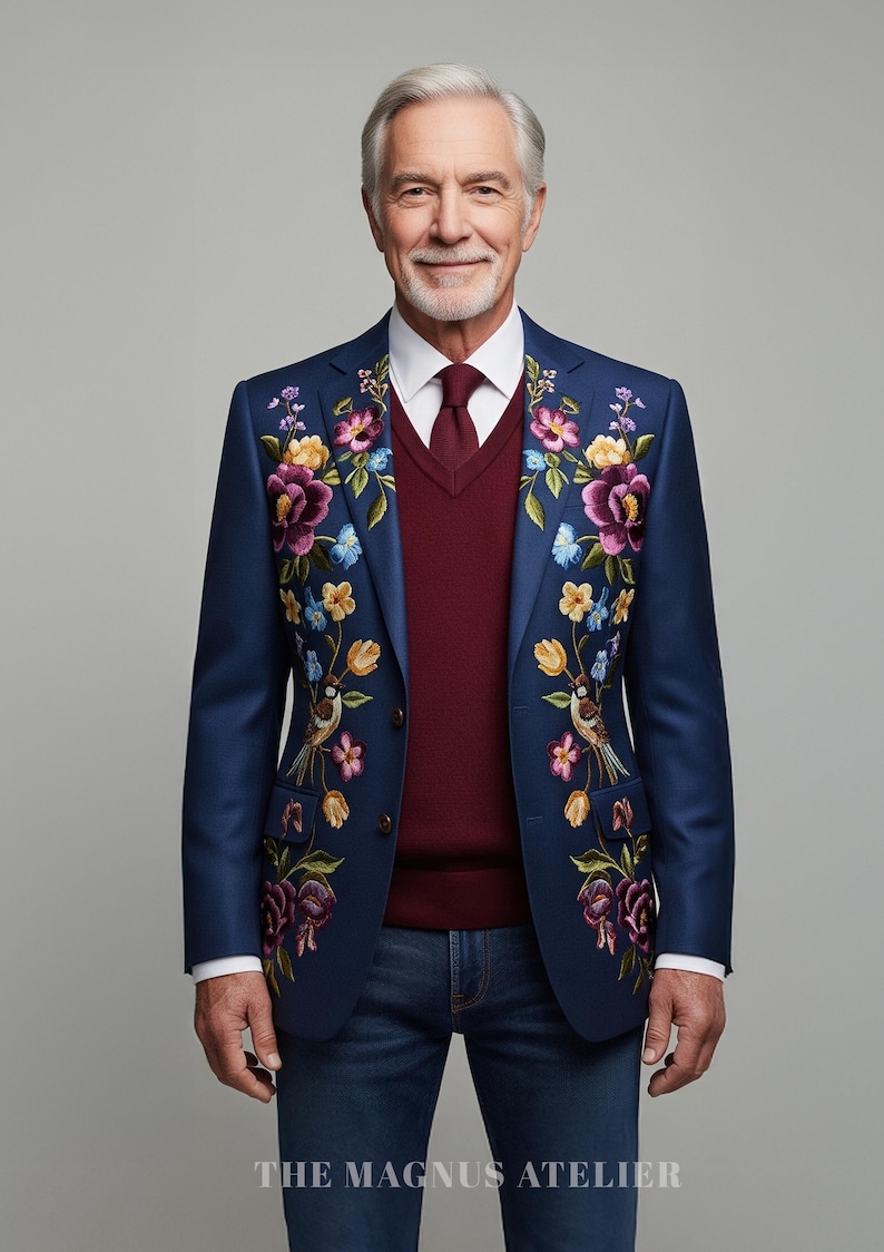 Embroidered Floral Bird Blazer: Navy Suit Jacket, Colorful Garden Design image 4