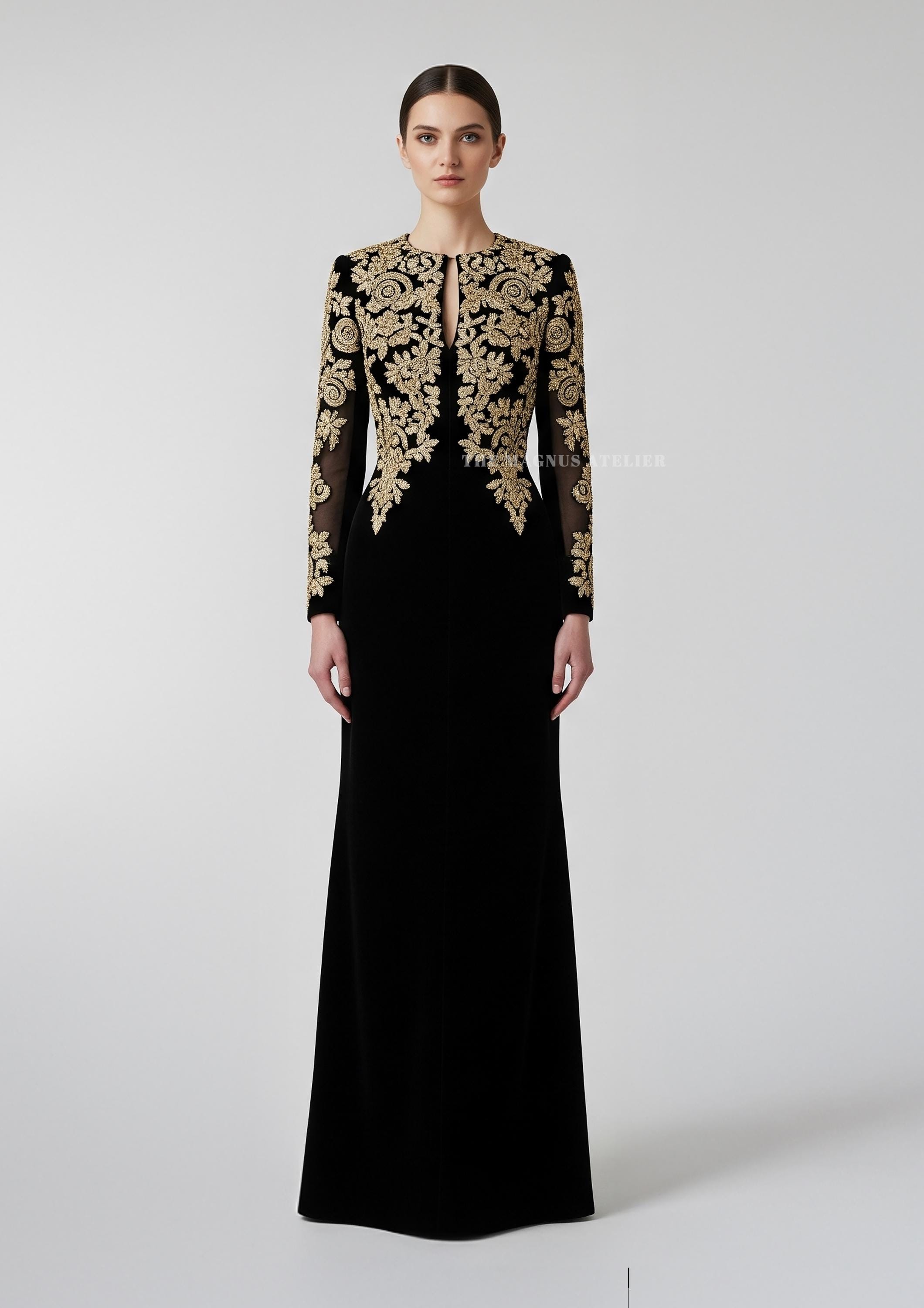 Black Velvet Gown: Gold Embroidery, Custom Made Evening Dress