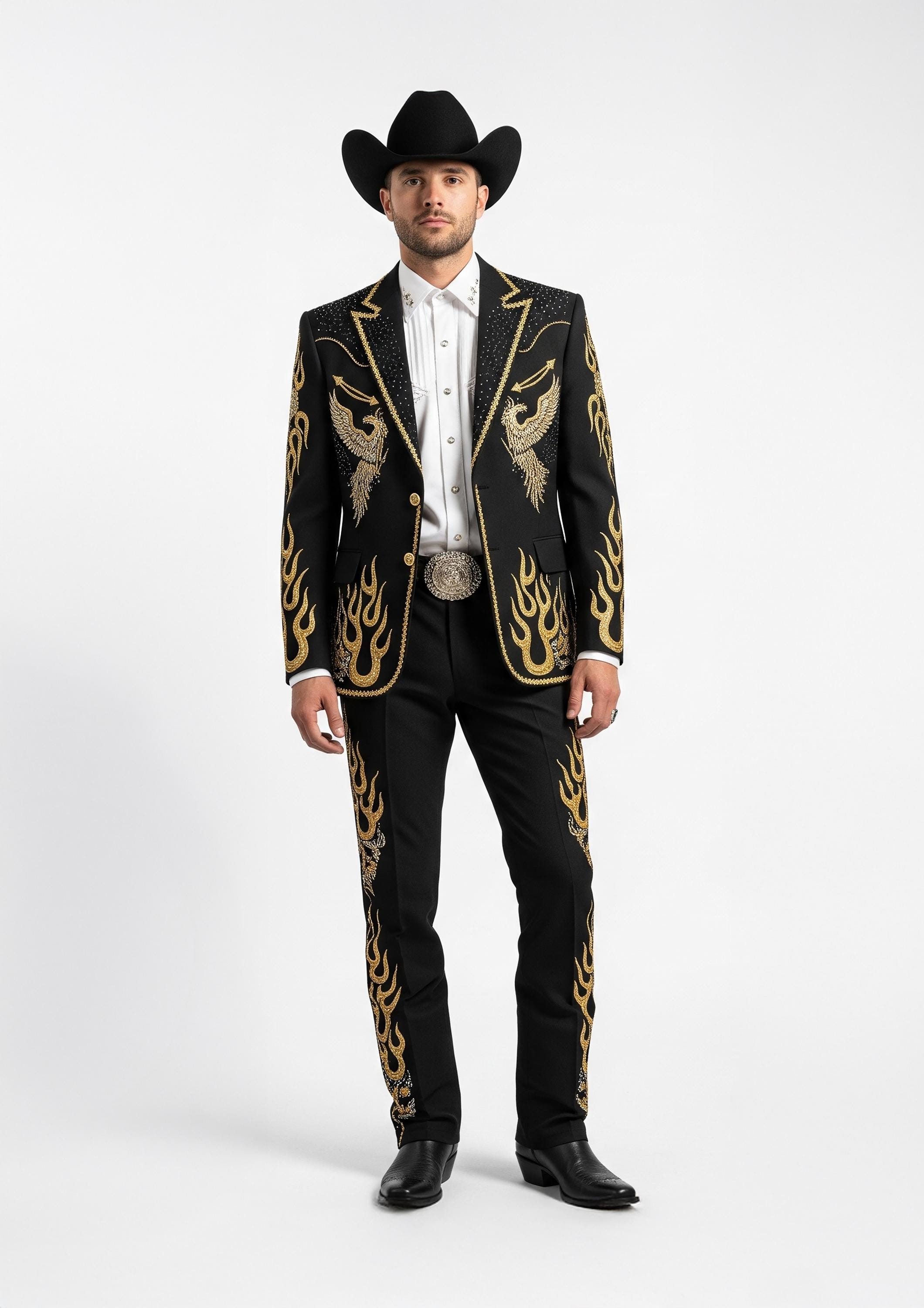 Embroidered Black Western Suit: Gold Phoenix & Flame Cowboy Outfit