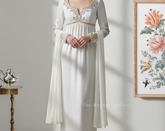 Regency Empire Waist Wedding Dress: Gold Embroidery, Crepe Bridal Gown