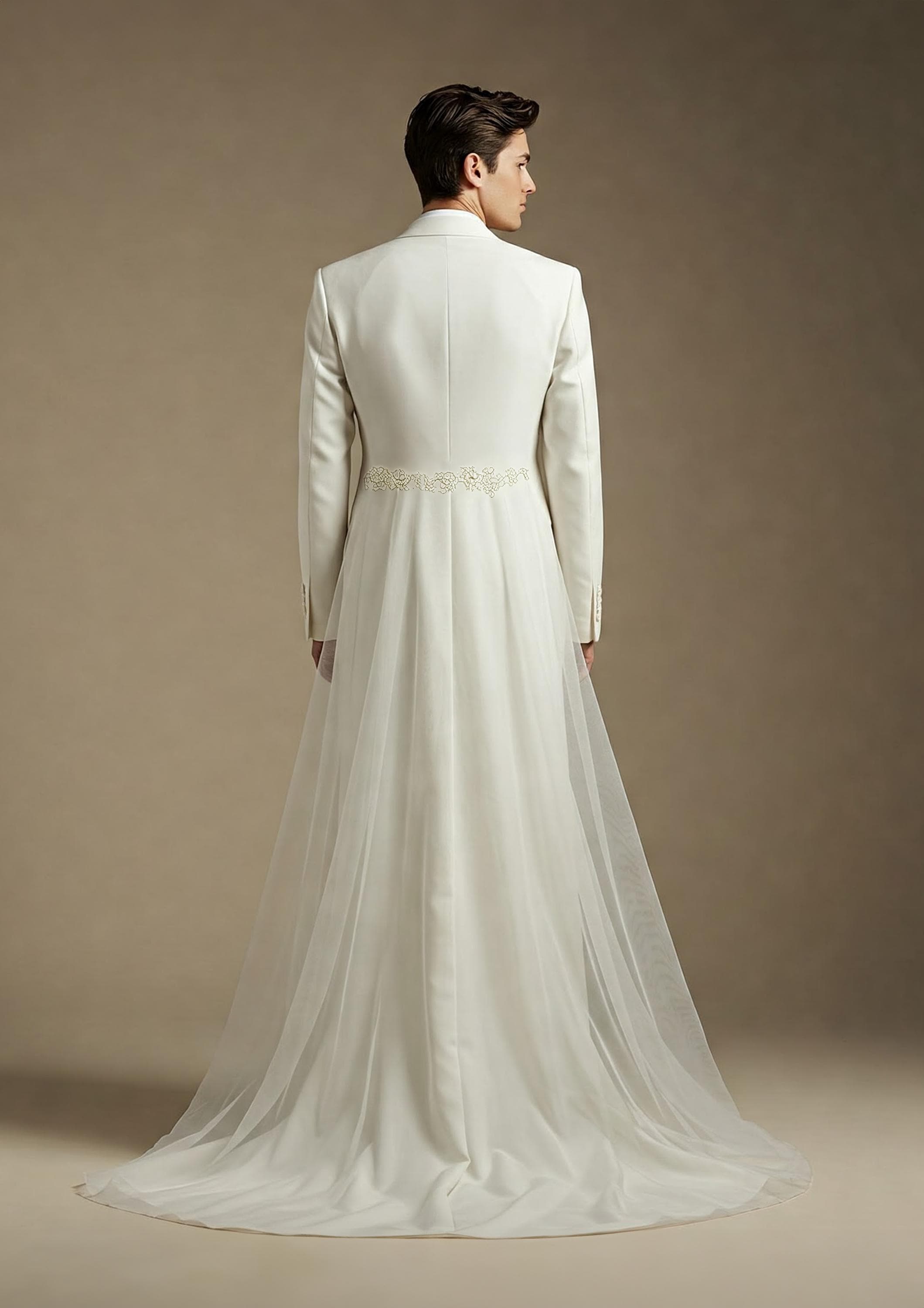 Men's White Wedding Suit: Detachable Lace Veil, Sleeveless Jacket
