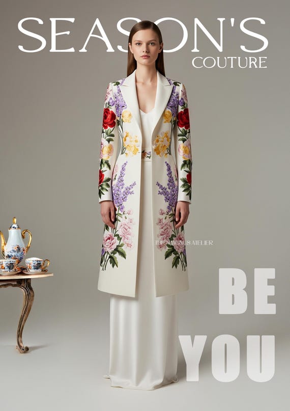 Floral Embroidered Long Coat With Satin Dress: Elegant Evening Wear Set -  Etsy Israel