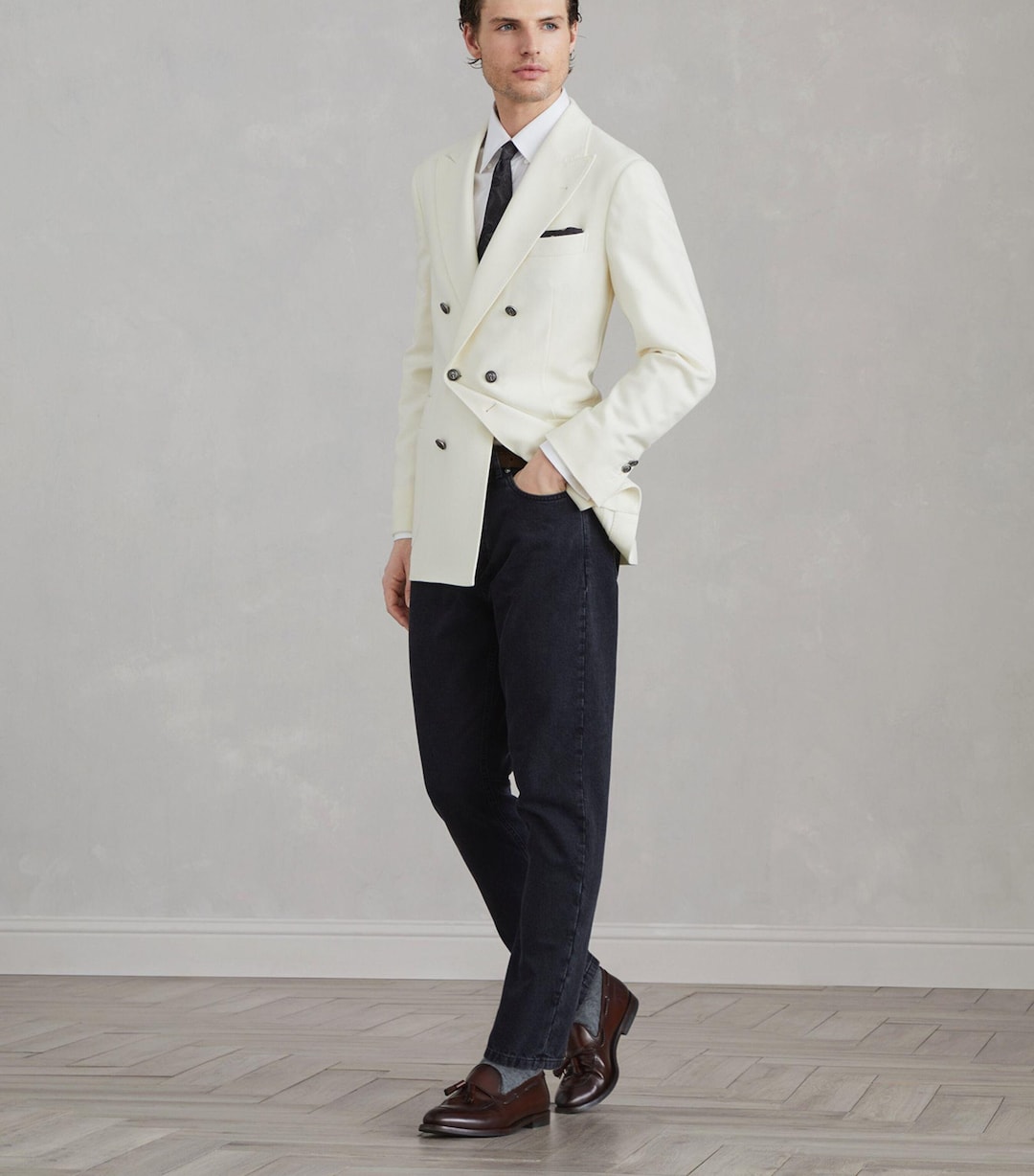 Men's Off-white Double Breasted Blazer Suit: Wedding Formal Outfit