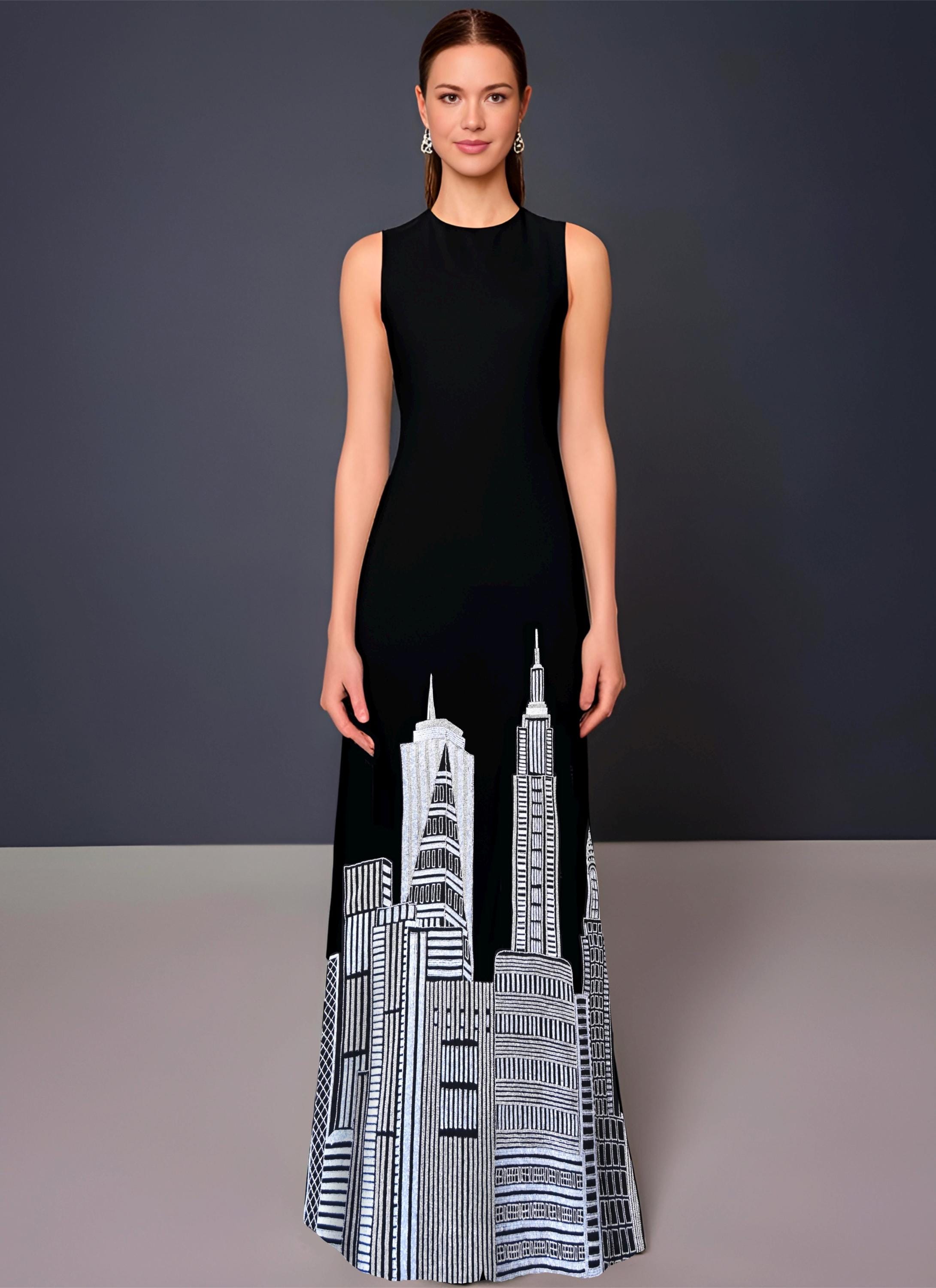 Black Embroidered New York Skyscraper Dress: Custom-Made Prom Gown Black Embroidered New York Skyscraper Dress: Custom-Made Prom Gown