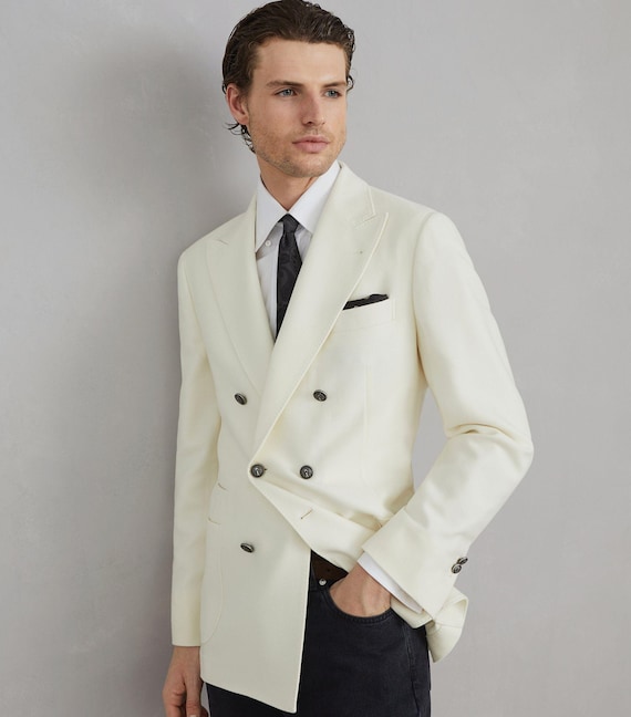 ホワイト ダブルブレストスーツ メンズ オフホワイト ダブルブレスト ブレザースーツ：ウェディング