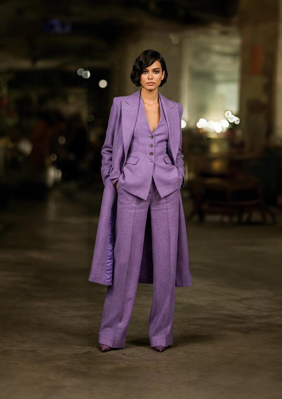 Custom Lavender Women's Suit: 3-Piece Long Coat, Vest & Trousers