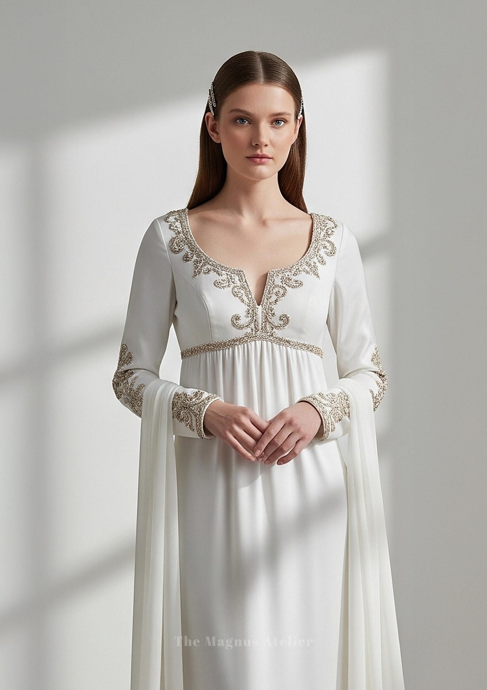Regency Empire Waist Wedding Dress: Gold Embroidery, Crepe Bridal Gown Regency Empire Waist Wedding Dress: Gold Embroidery, Crepe Bridal Gown