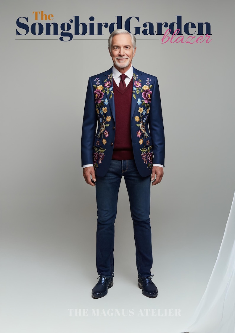Embroidered Floral Bird Blazer: Navy Suit Jacket, Colorful Garden Design image 1