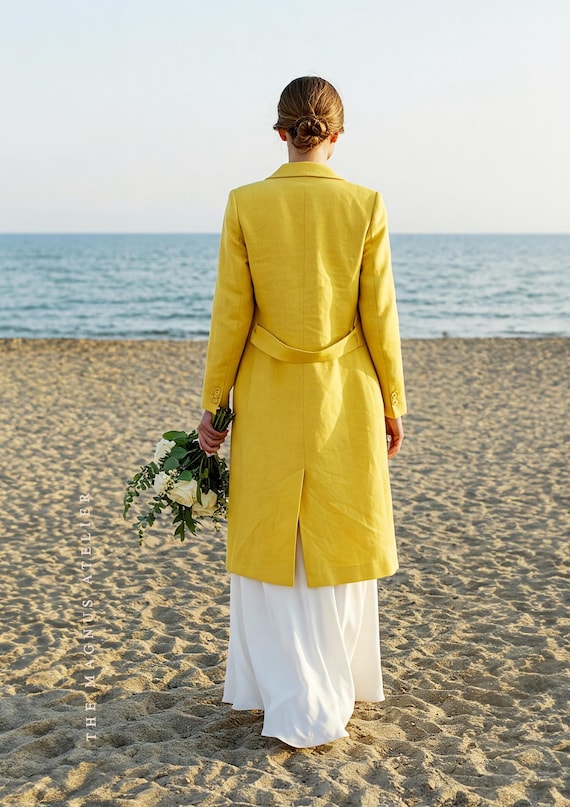 Mustard Yellow Women's Linen Trench Coat – Long Belted Beach