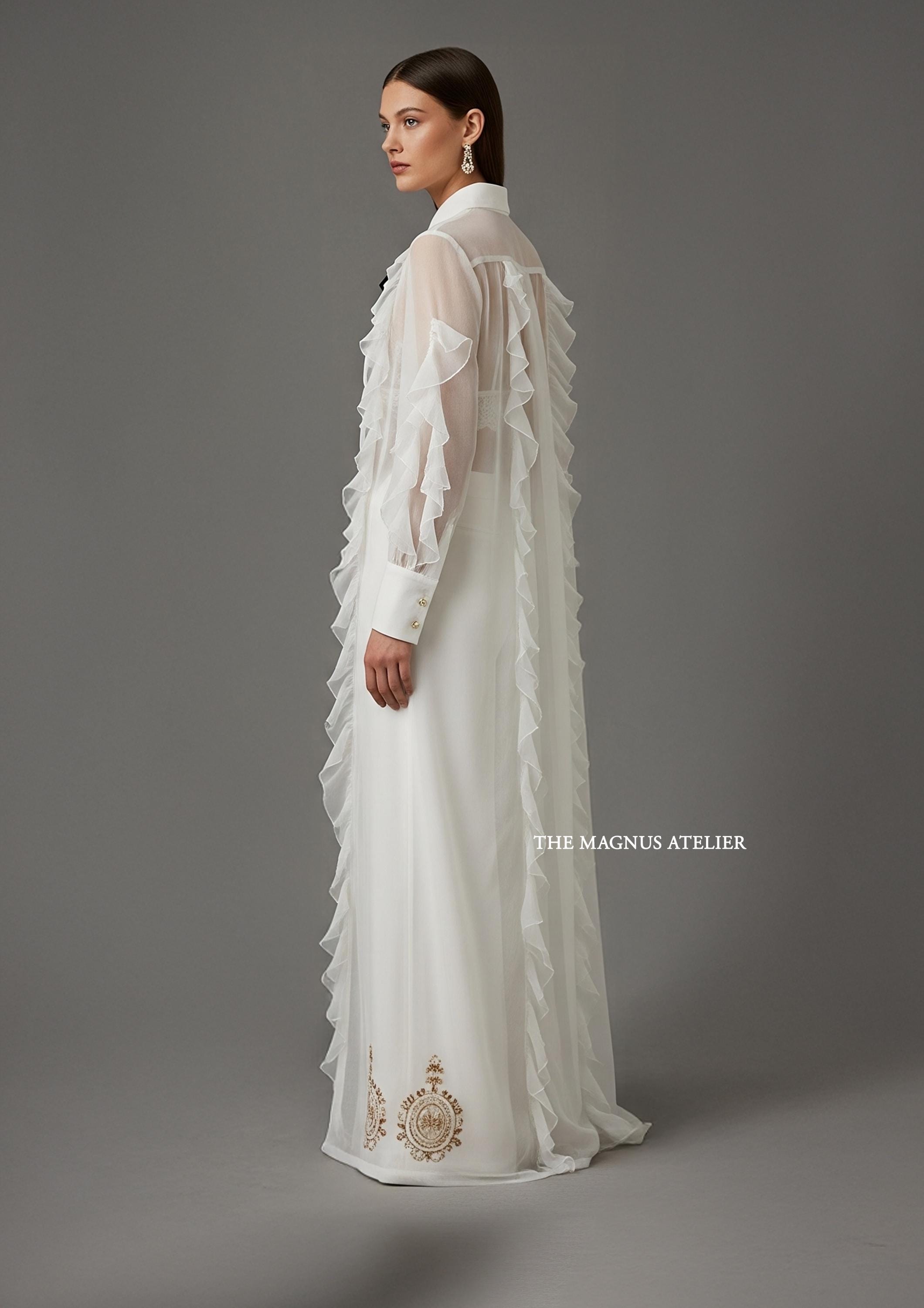 White Ruffle Jacket White Chiffon Ruffle Jacket Set: Gold Embroidered Bridal Pant Suit - Etsy