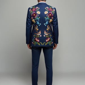 Embroidered Floral Bird Blazer: Navy Suit Jacket, Colorful Garden Design image 5