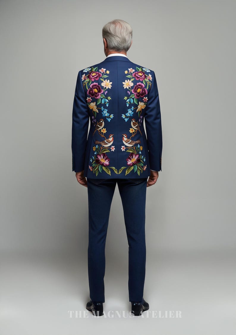 Embroidered Floral Bird Blazer: Navy Suit Jacket, Colorful Garden Design image 5