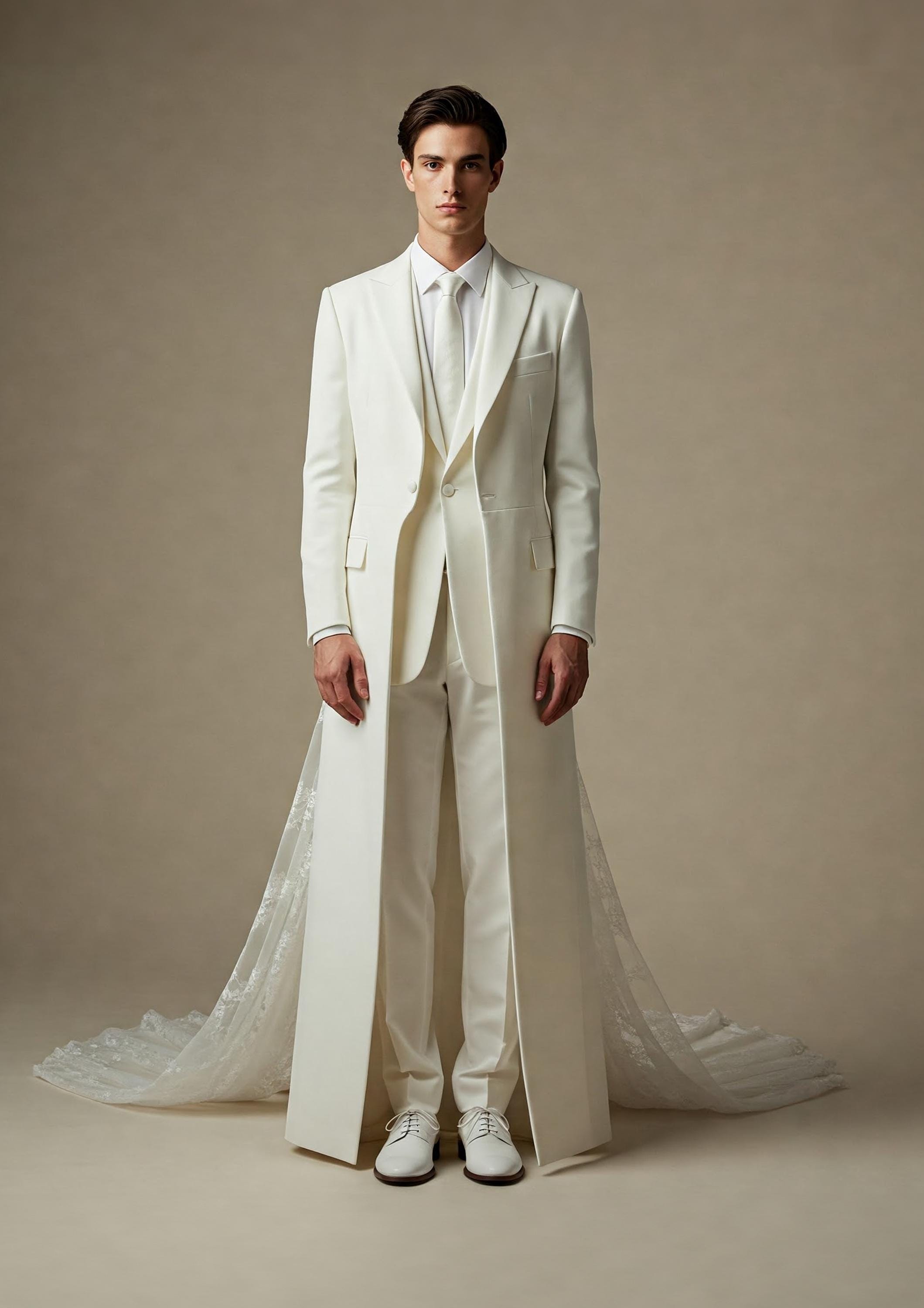 Men's White Wedding Suit: Detachable Lace Veil, Sleeveless Jacket - Etsy