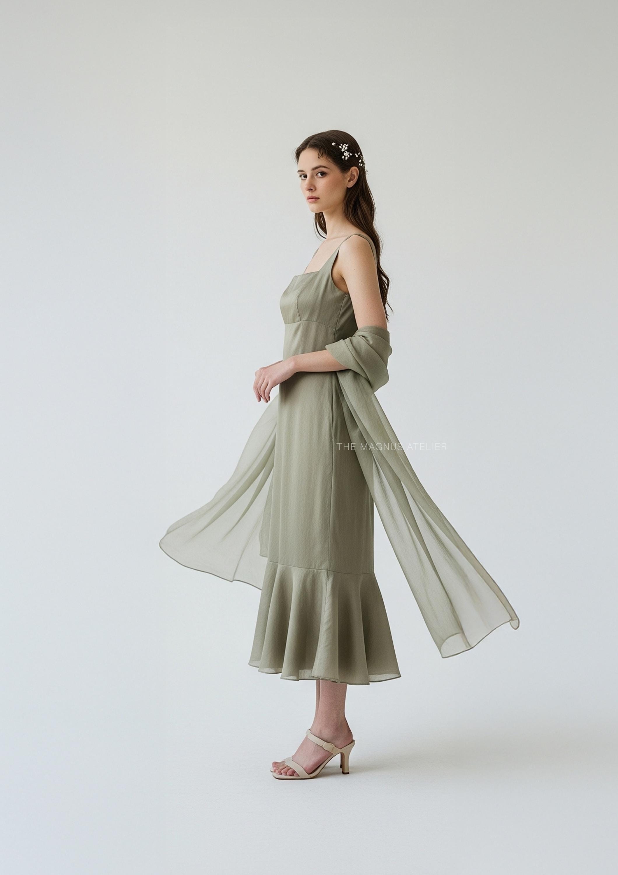 slim fit dress slacks Luxury Sage Green 3D Flowers Sweetheart Evening Dress with Cape SS346 –  Sharon Said main image 0