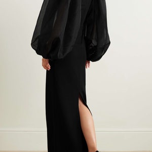 Women's Black Crape Organza Long Dress Gown, Balloon Sleeves Gifts For Her image 3