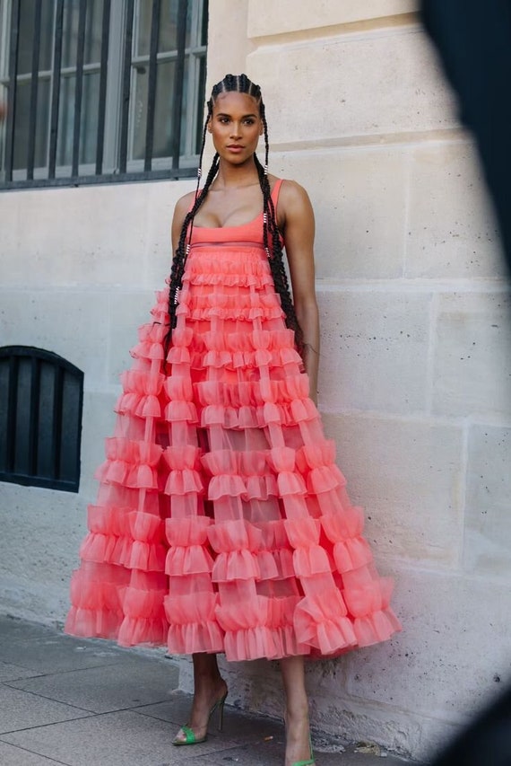 Women's Pink Ruffled Organza Dress With Empire Waist, Wedding Guest Event Outfit Women's Pink Ruffled Organza Dress With Empire Waist, Wedding Guest Event Outfit