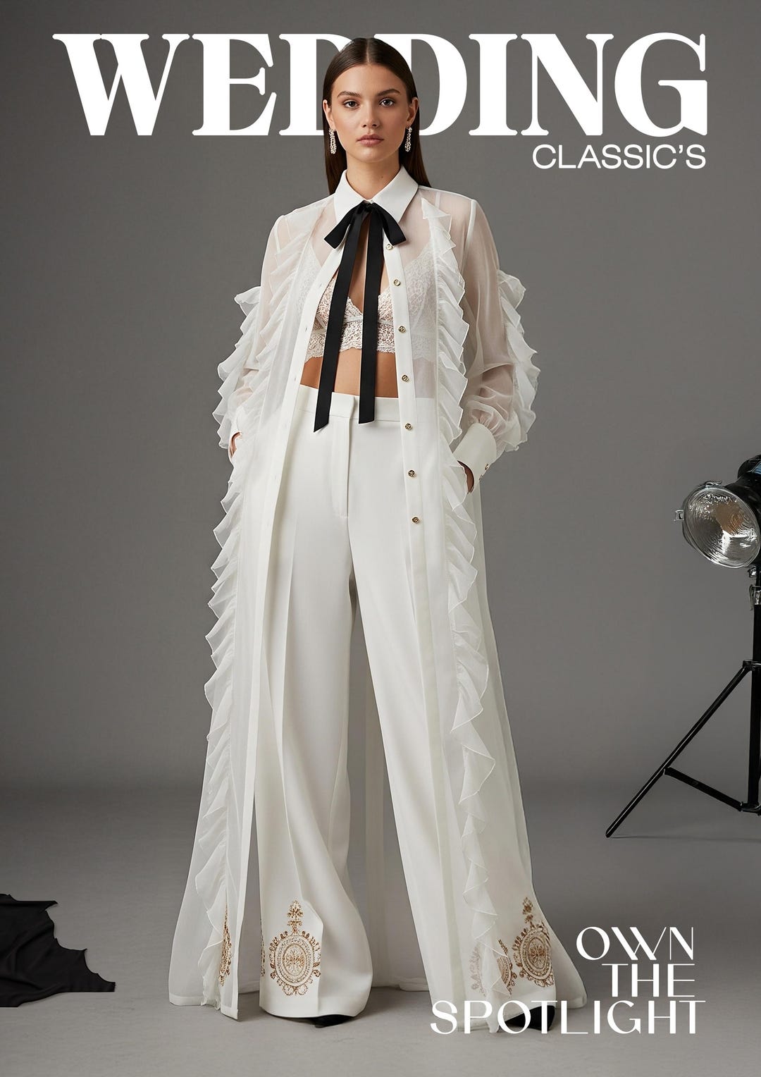 White Chiffon Ruffle Jacket Set: Gold Embroidered Bridal Pant Suit - Etsy