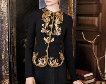 Women's Black Heavy Golden Thread Embroidered Short Blazer Jacket Prom Wedding Bridesmaid Bride Guest Outfit