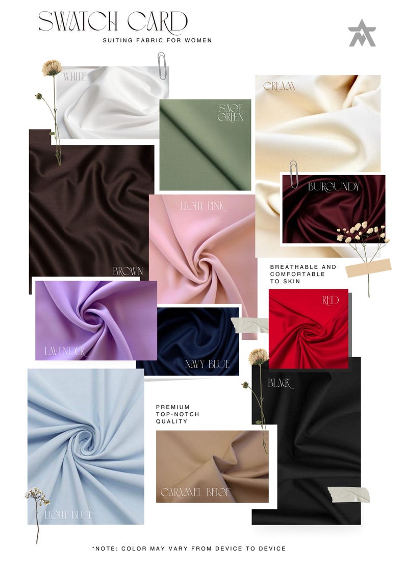 Op de afbeelding: Swatchkaart met stofstalen in verschillende kleuren, waaronder wit, saliegroen, cr&egrave;me, bordeauxrood, bruin, lichtroze, lavendel, donkerblauw, rood, zwart, lichtblauw en karamelbeige. De kaart vermeldt "Stof voor damespakken" en "Ademend en comfortabel voor de huid".