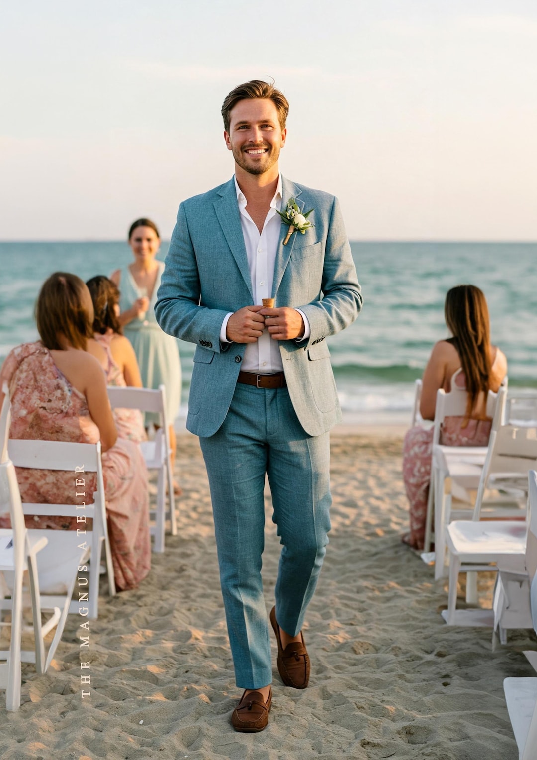 Traje de lino azul claro para hombre: traje de novio para boda en la