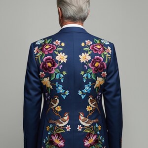 Embroidered Floral Bird Blazer: Navy Suit Jacket, Colorful Garden Design image 3