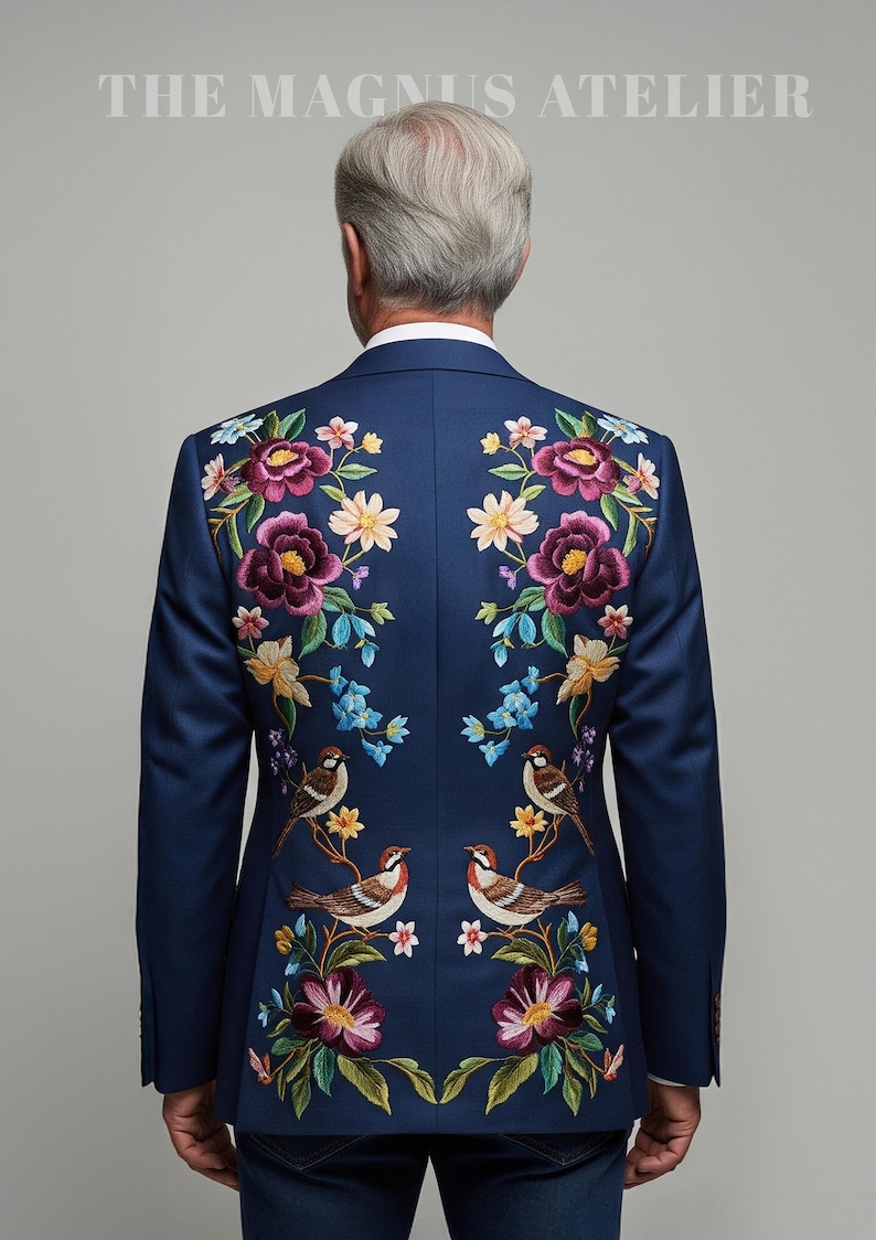 Embroidered Floral Bird Blazer: Navy Suit Jacket, Colorful Garden Design image 3