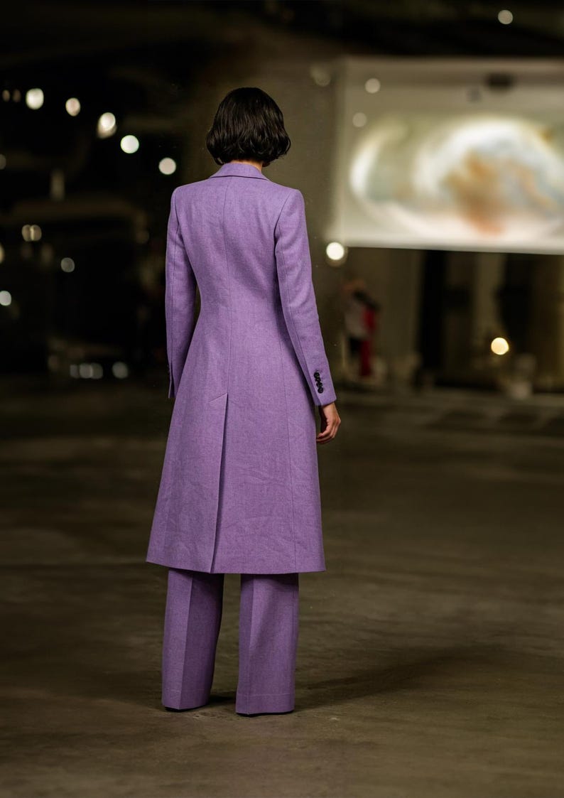 long coat suit set in lavender shade with matching flared trousers for working women