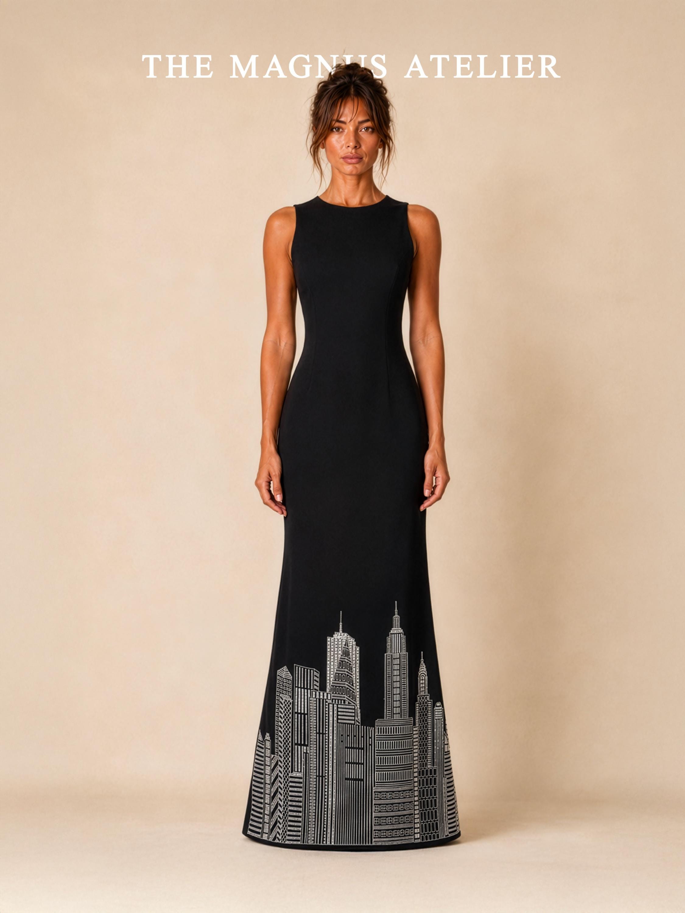 Black Embroidered New York Skyscraper Dress: Custom-Made Prom Gown
