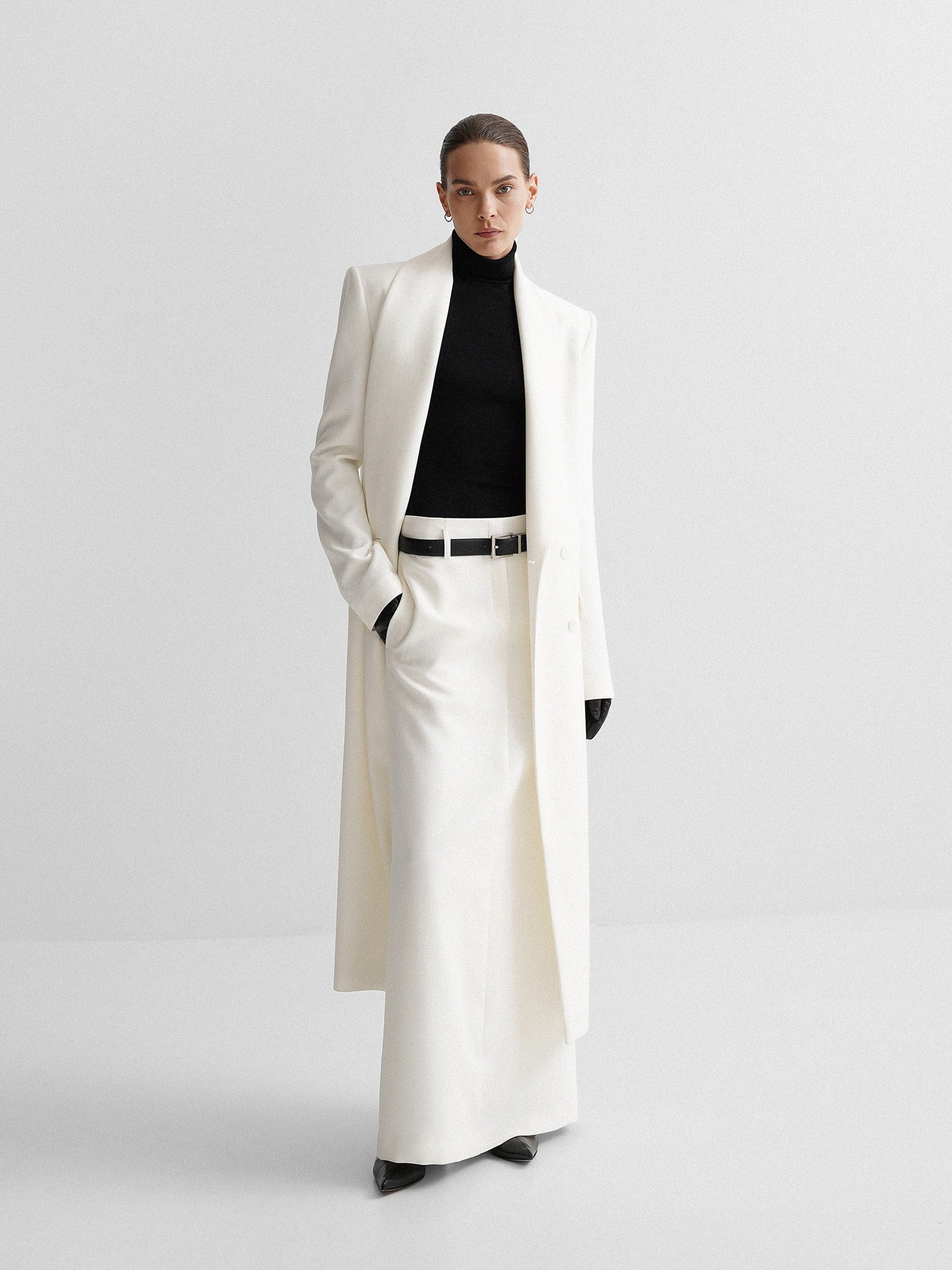 White Double-Breasted Shawl Collar Blazer Coat & Maxi Skirt Set—Women’s Two-Piece Formal Suit for Every Occasion