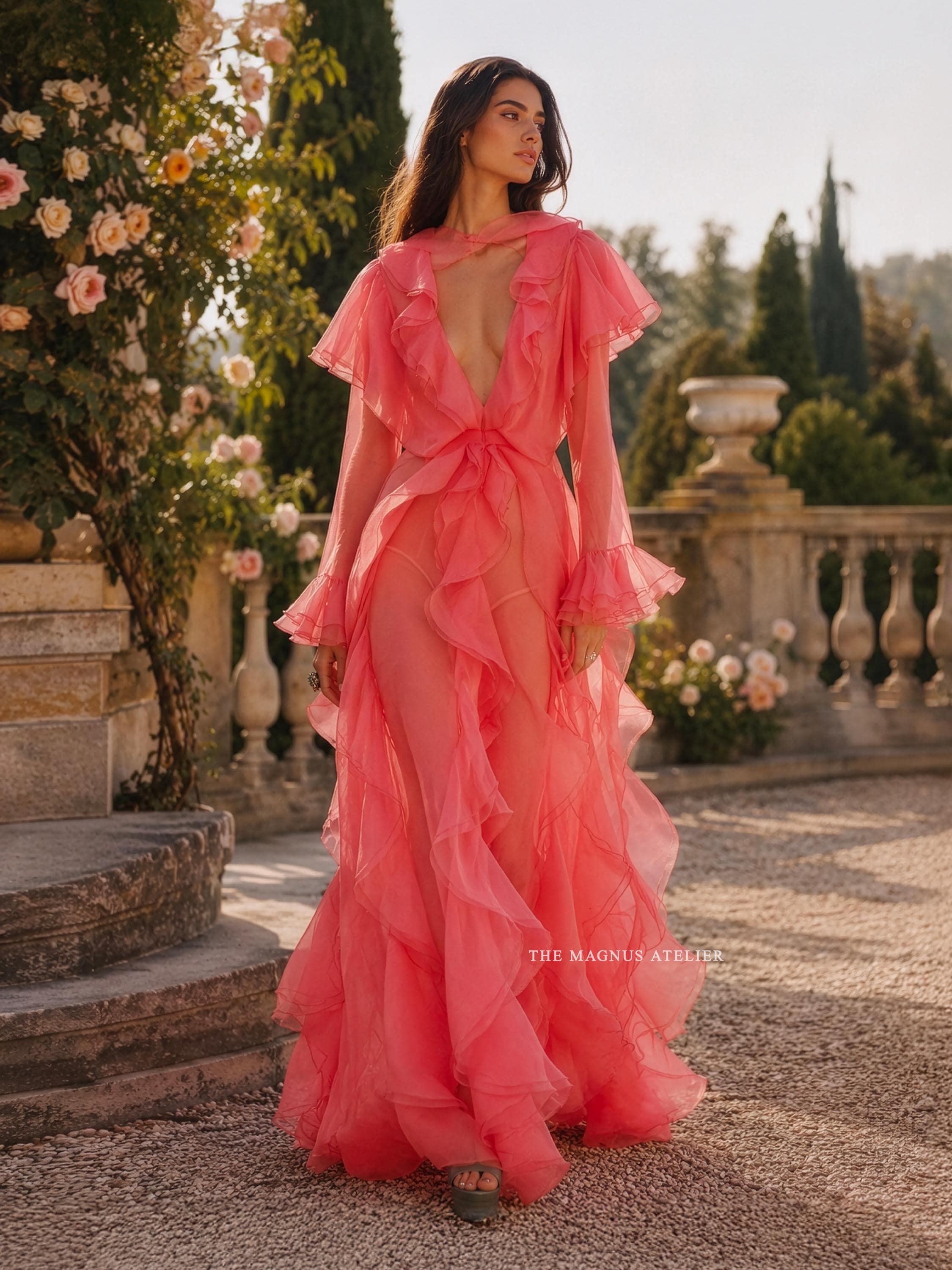 pink silk ruffle dress Ciao Ruffles Maxi Dress