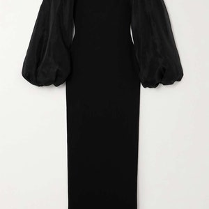 Women's Black Crape Organza Long Dress Gown, Balloon Sleeves Gifts For Her image 2