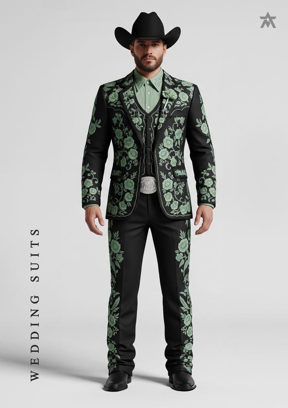 green emerald velvet dress Western Embroidered Statement Suit