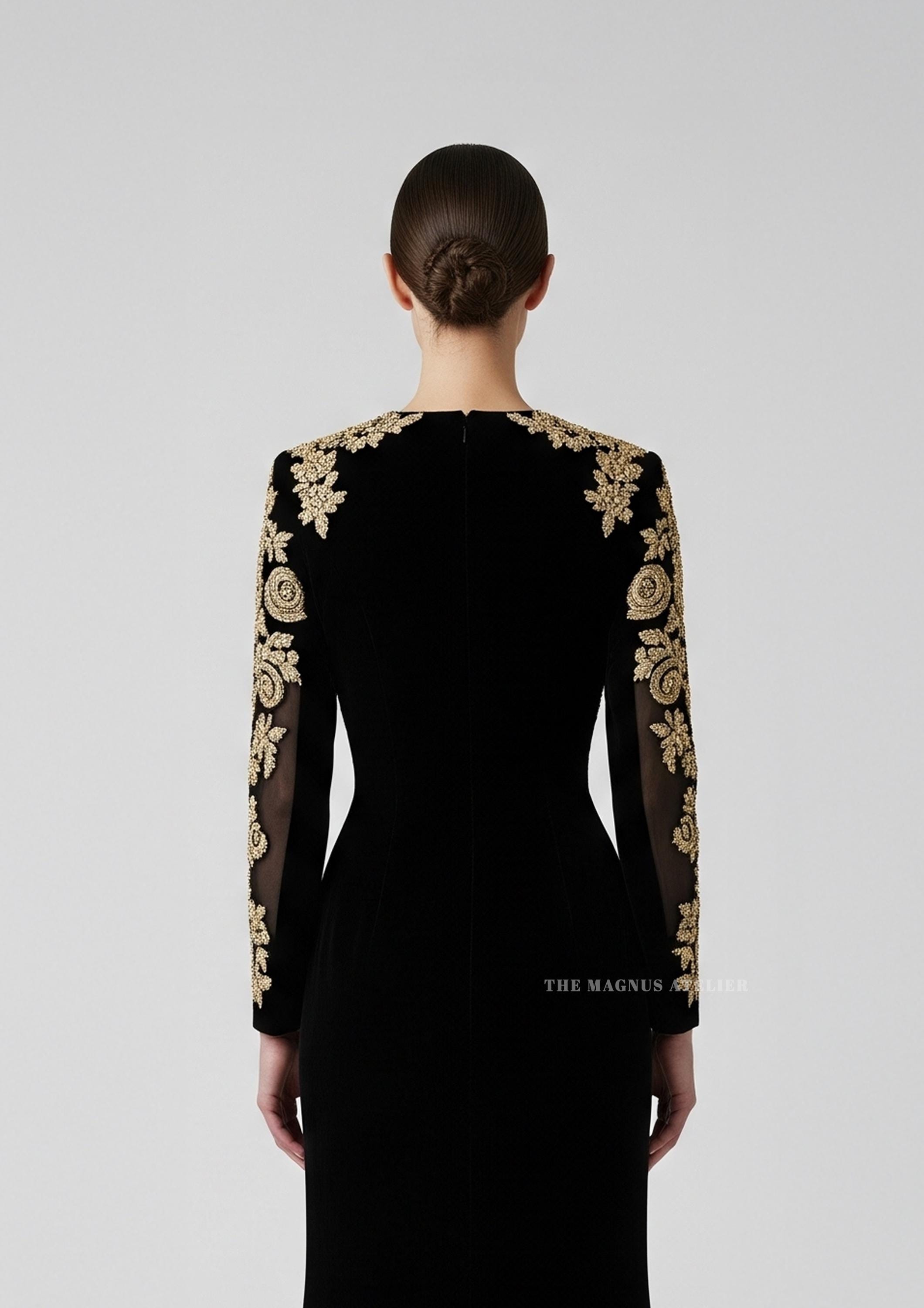 Black Velvet Gown: Gold Embroidery, Custom Made Evening Dress