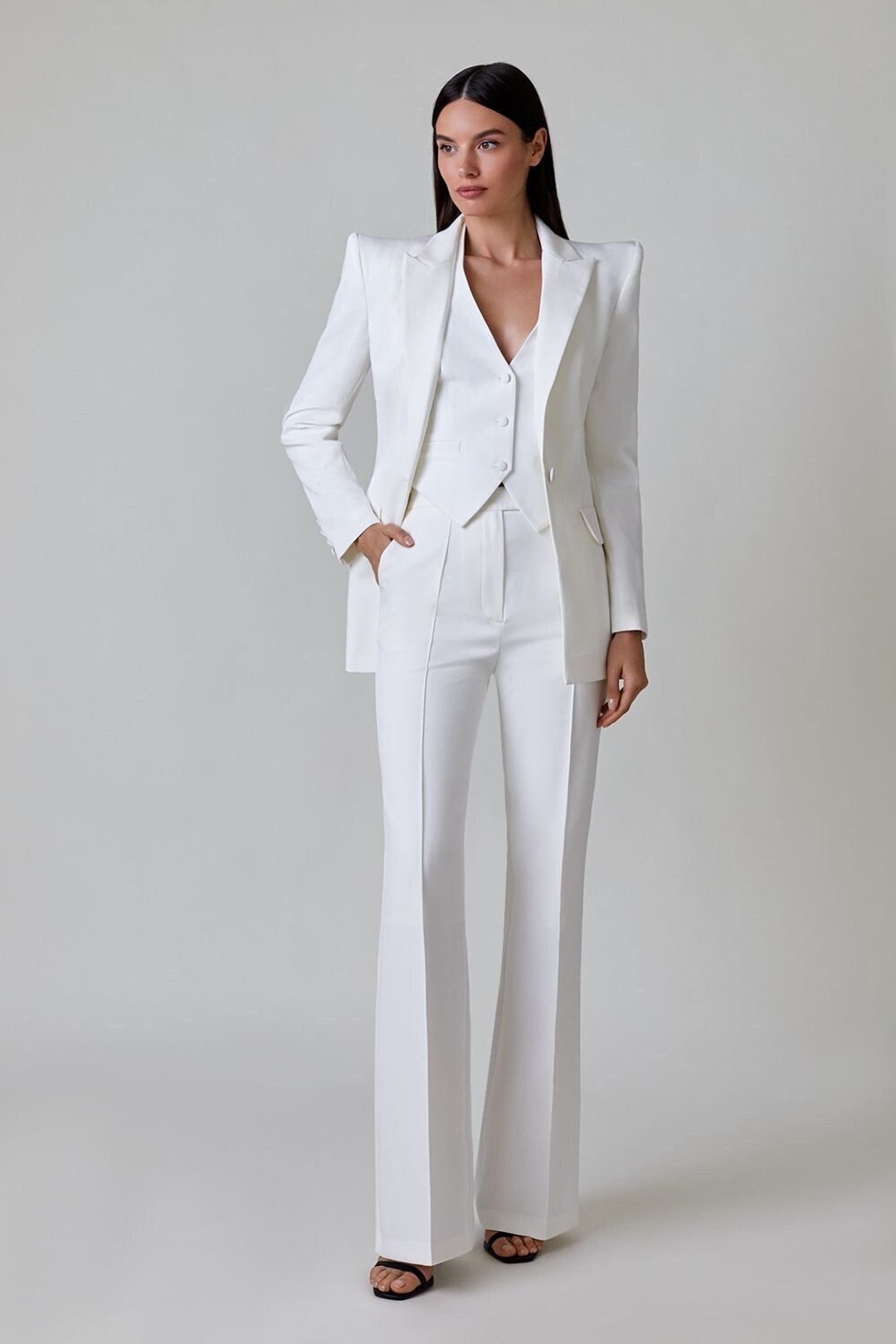 Women White 3 Piece Suit Peak Lapel Pant Blazer Waistcoat Set Wedding ...