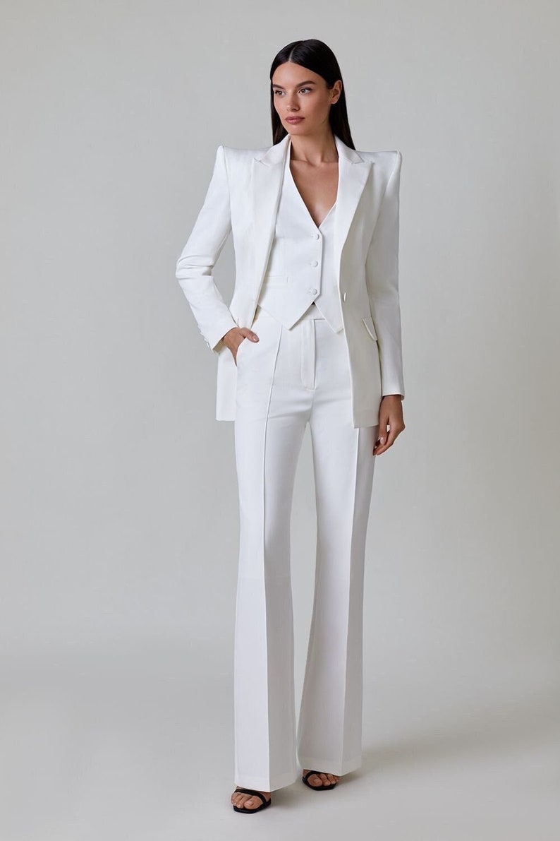 Women White 3 Piece Suit Peak Lapel Pant Blazer Waistcoat Set - Etsy