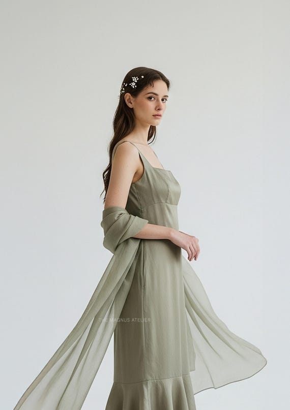 Sage Green Silk Organza Gown: Custom Satin Midi Dress with Shawl