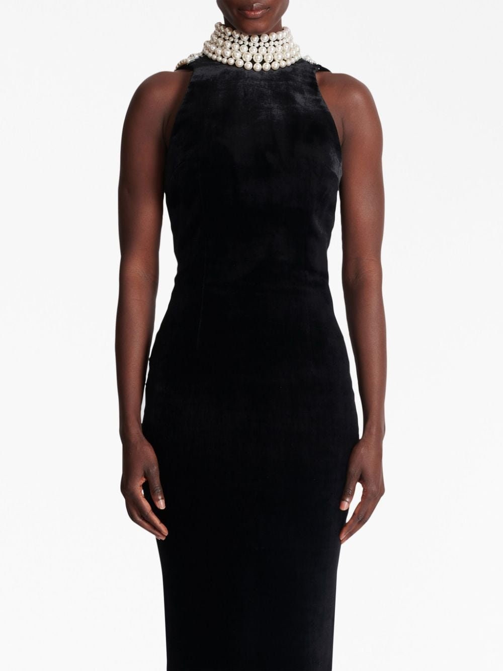 Black Velvet White Pearl Bodycon Long Velvet Dress Halter