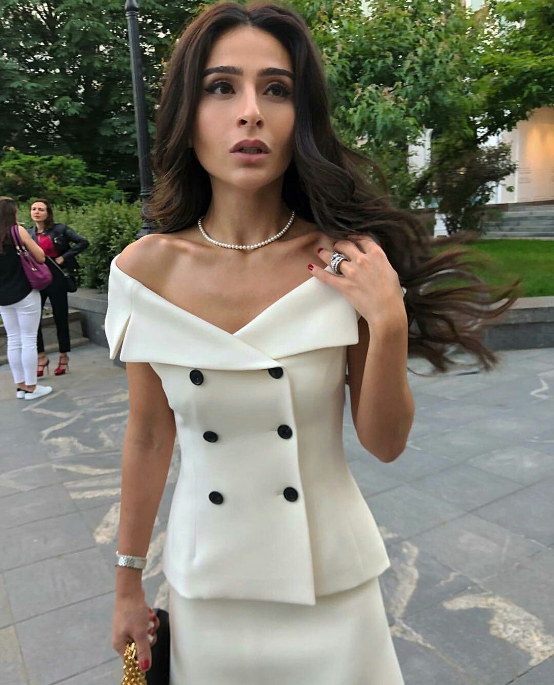 White Peplum Top With Multi Stripe A-Line Skirt Set of 2
