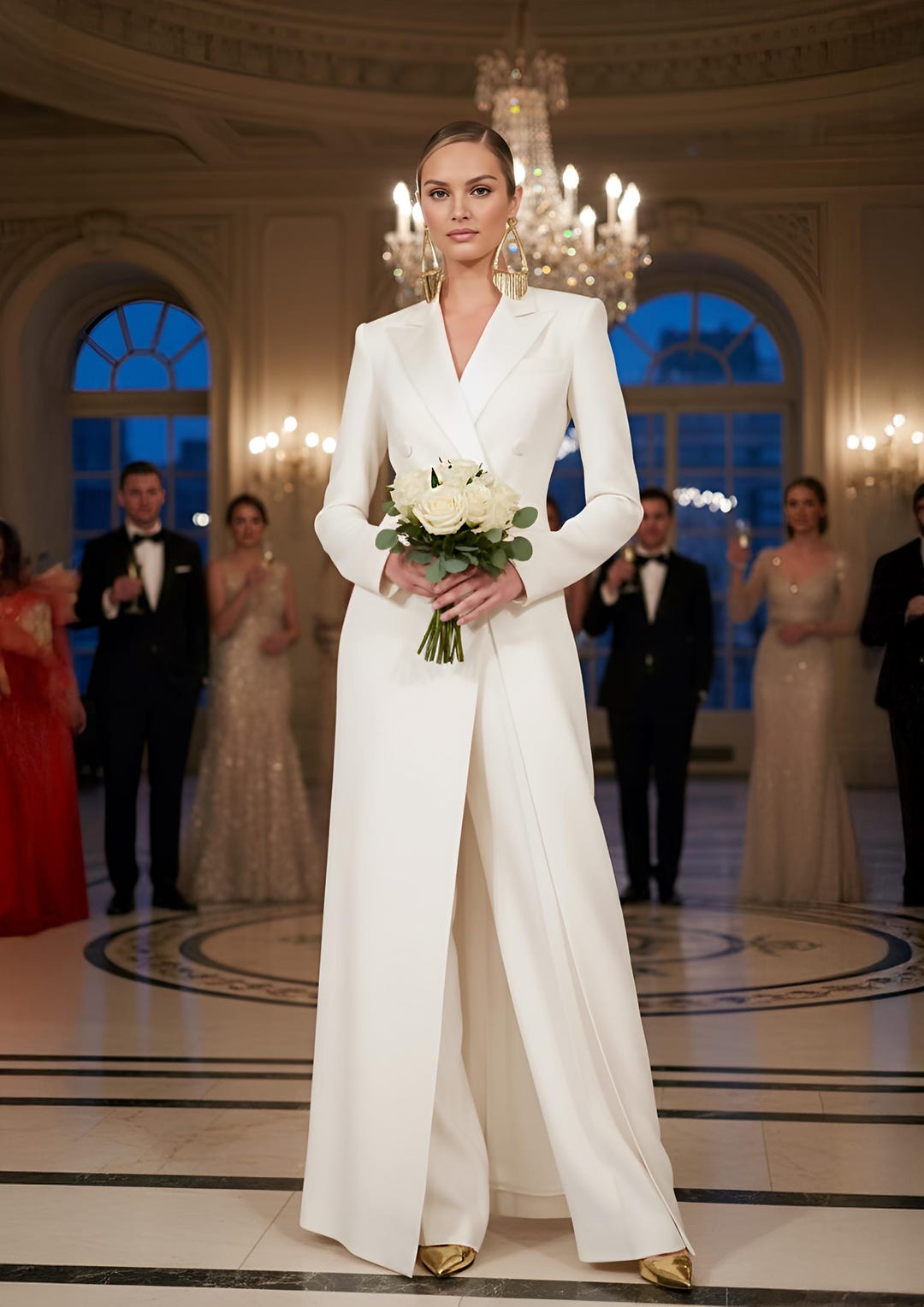 Ivory Bridal Pantsuit: Women's Flared Pants and Long Coat Wedding Outfit 