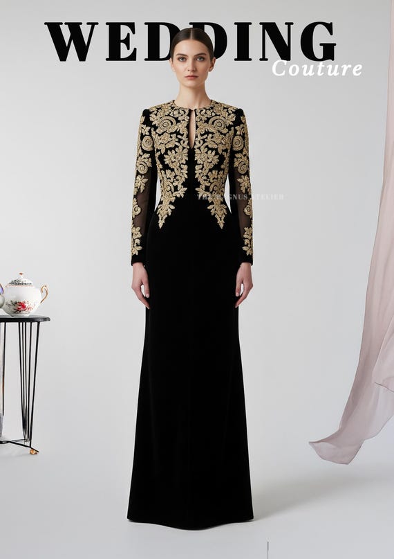 dress gold embroidery long Super Elegant Black Cloche Dress with Golden Embroidery 3/42/(L)