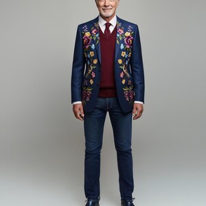 Embroidered Floral Bird Blazer: Navy Suit Jacket, Colorful Garden Design image 2