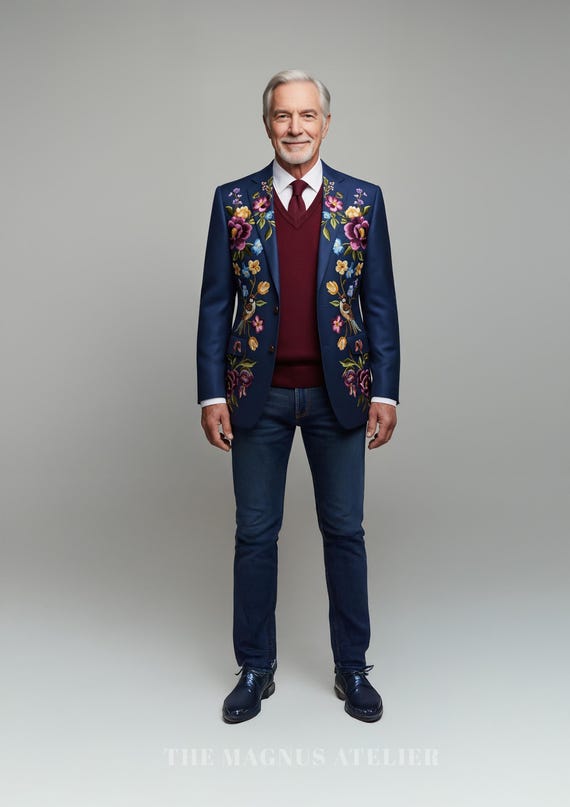 刺繍入り花柄鳥ブレザー：ネイビースーツジャケット、カラフルな