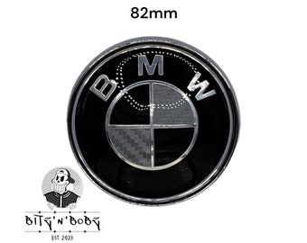 BMW Carbon Black and Silver Badge: 1 x 82mm Emblem with Chrome Counterpart