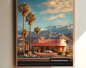 Palm Springs Diner Print | Retro Classic Car Poster | Vintage Desert Wall Art | Mid Century Modern | Fine Art, Matte or Semi-Gloss