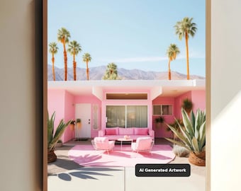 Palm Springs Pink Bungalow Poster - Mid Century Modern Wall Art, Retro Architecture, Vintage Outdoor Scene, Pastel Colors, Pink Poster