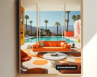 Retro Orange Living Room Print | Mid Century Modern Interior Poster | Palm Springs Pool View Wall Art | Fine Art, Matte or Semi-Gloss