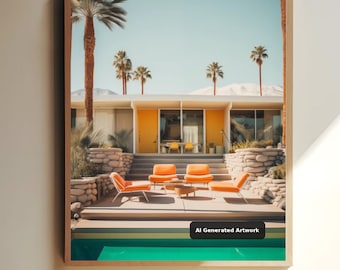 Palm Springs Patio Print | Retro Poolside Lounge Chairs Poster | Mid Century Modern Terrace Wall Art | Fine Art, Matte or Semi-Gloss