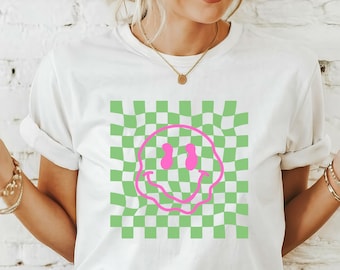 Smiley T-Shirt, Checkered Pattern Smile Face Shirt,Smile Shirt,Retro Smiley Face Shirt,Smile Face Shirt,Happy Face Shirt,Cute Smile Shirt