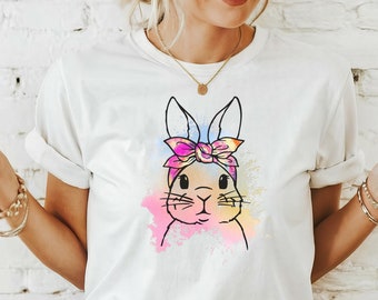 T-shirt de Pâques, t-shirt lapin, lapin de Pâques, chemise de Pâques, lapin avec t-shirt nœud, chemise de Pâques, graphique de lapin de Pâques, t-shirt avec motif de Pâques