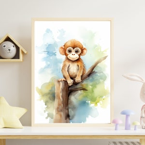 monkey picture, children&#39;s room picture monkey, nursery decoration monkey, monkey watercolor poster, monkey nursery wall art, jungle poster